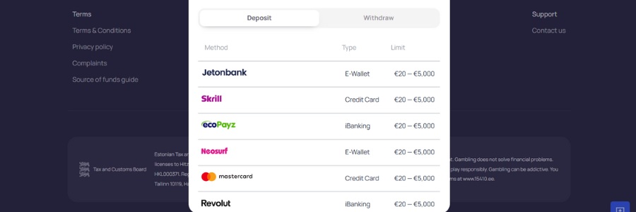 hype kasino betalingsmetoder